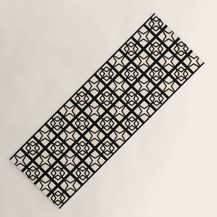 Mid Century Modern Retro Atomic Star Tiles Geometric Pattern Black and Almond Cream Yoga Mat Gallery Image 1