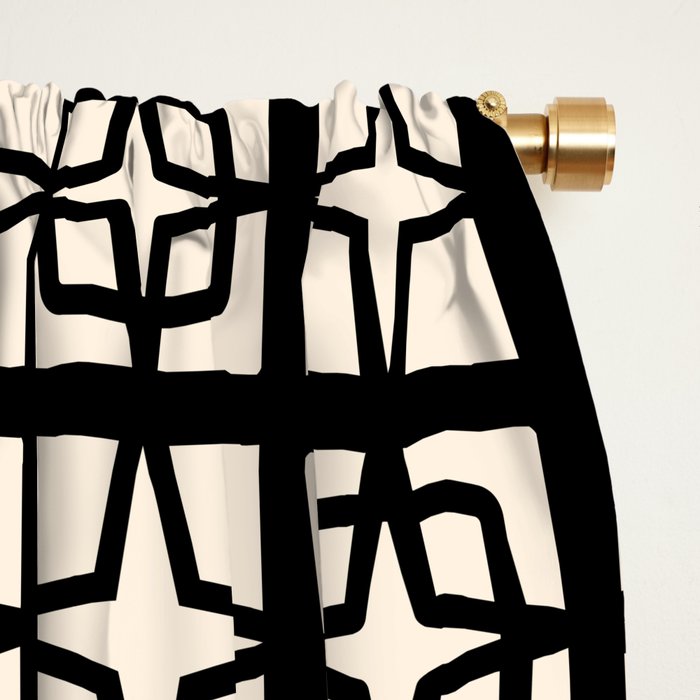 Mid Century Modern Retro Atomic Star Tiles Geometric Pattern Black and Almond Cream Window Curtain Gallery Image 2