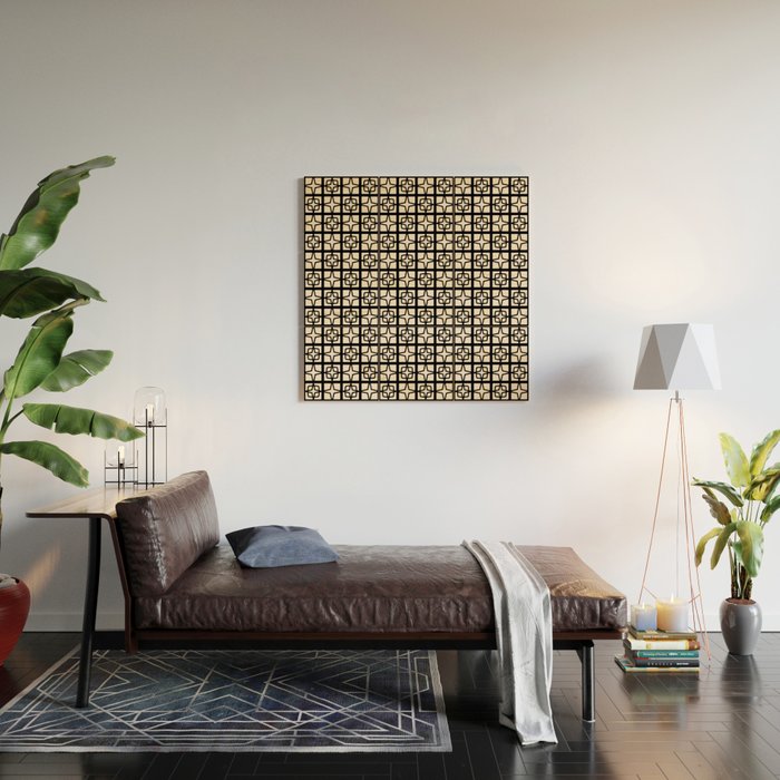Mid Century Modern Retro Atomic Star Tiles Geometric Pattern Black and Almond Cream Wood Wall Art Gallery Image 2