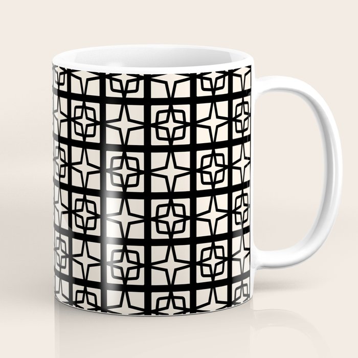Mid Century Modern Retro Atomic Star Tiles Geometric Pattern Black and Almond Cream Coffee Mug Gallery Image 1