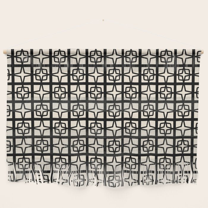 Mid Century Modern Retro Atomic Star Tiles Geometric Pattern Black and Almond Cream Wall Hanging Gallery Image 1