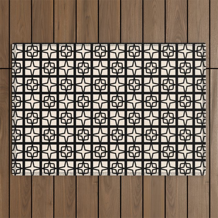Mid Century Modern Retro Atomic Star Tiles Geometric Pattern Black and Almond Cream Outdoor Rug Gallery Image 1