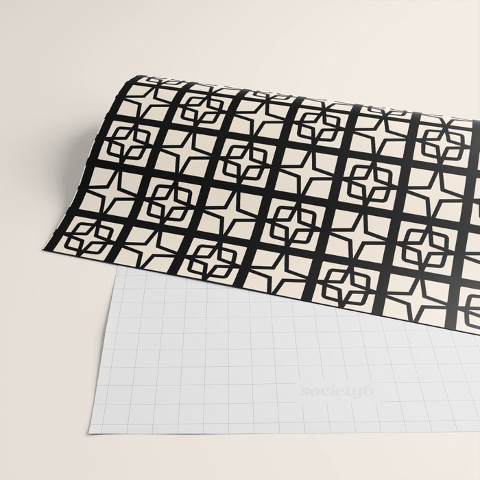 Mid Century Modern Retro Atomic Star Tiles Geometric Pattern Black and Almond Cream Wrapping Paper Gallery Image 2