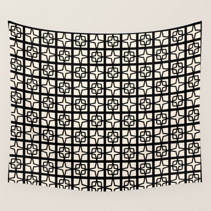 Mid Century Modern Retro Atomic Star Tiles Geometric Pattern Black and Almond Cream Wall Tapestry Gallery Image 1