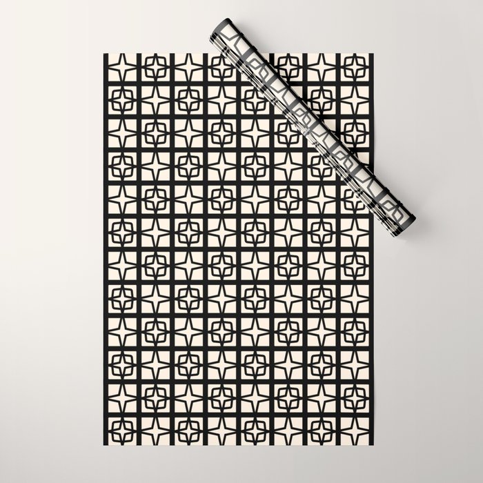 Mid Century Modern Retro Atomic Star Tiles Geometric Pattern Black and Almond Cream Wrapping Paper Gallery Image 1