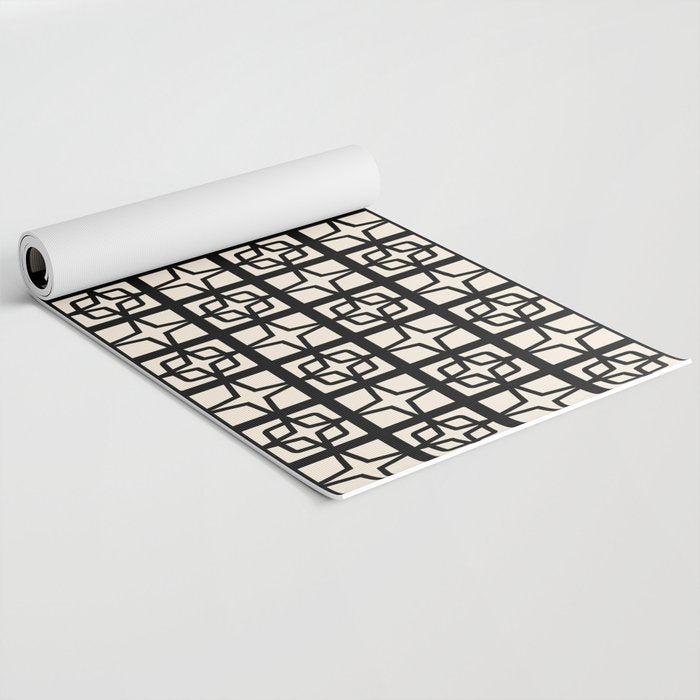 Mid Century Modern Retro Atomic Star Tiles Geometric Pattern Black and Almond Cream Yoga Mat Gallery Image 2