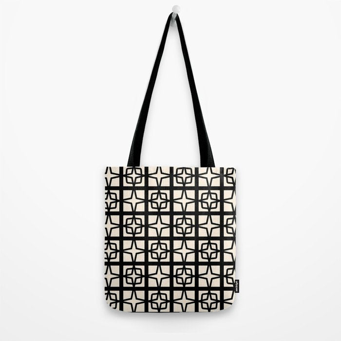 Mid Century Modern Retro Atomic Star Tiles Geometric Pattern Black and Almond Cream Tote Bag Gallery Image 2