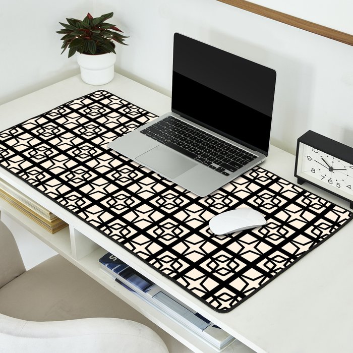 Mid Century Modern Retro Atomic Star Tiles Geometric Pattern Black and Almond Cream Desk Mat Gallery Image 2