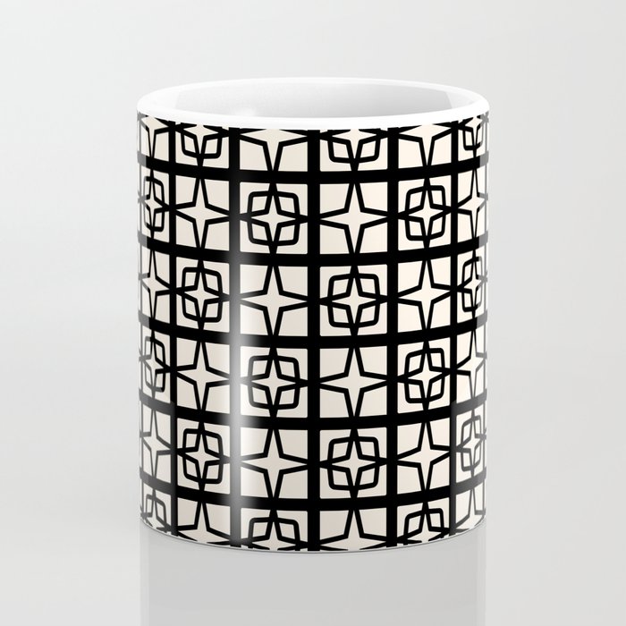 Mid Century Modern Retro Atomic Star Tiles Geometric Pattern Black and Almond Cream Coffee Mug Gallery Image 4