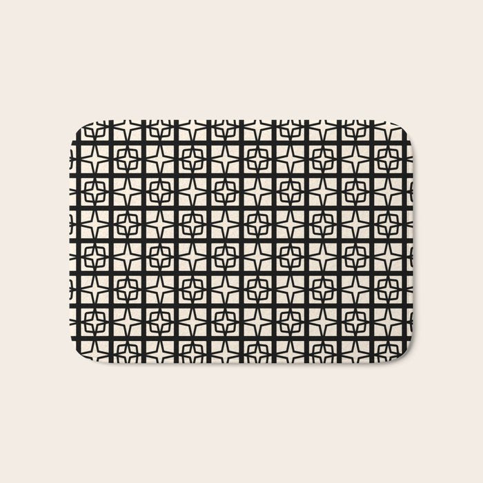 Mid Century Modern Retro Atomic Star Tiles Geometric Pattern Black and Almond Cream Bath Mat Gallery Image 1