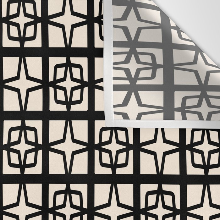 Mid Century Modern Retro Atomic Star Tiles Geometric Pattern Black and Almond Cream Wall Tapestry Gallery Image 3