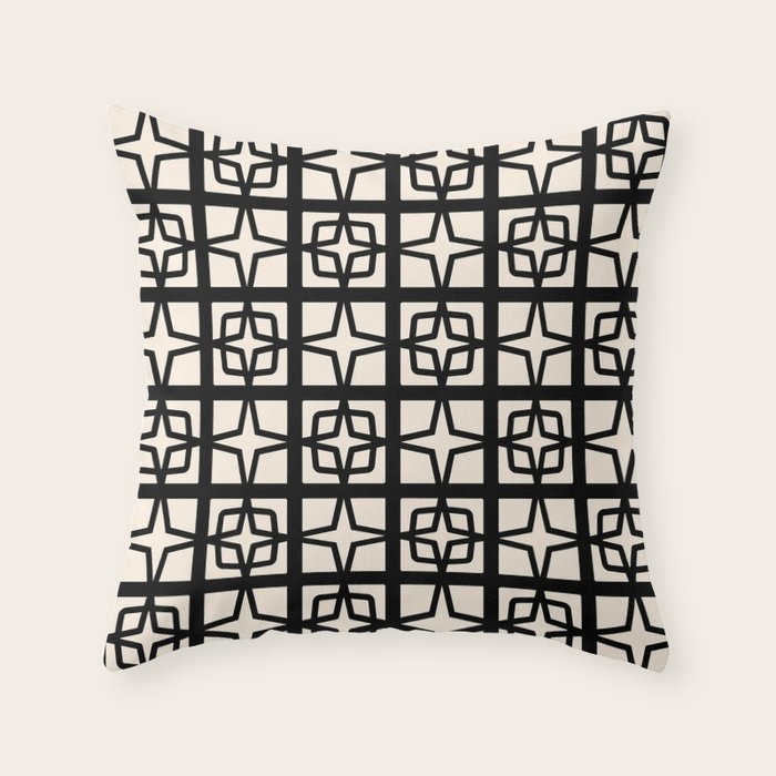 Mid Century Modern Retro Atomic Star Tiles Geometric Pattern Black and Almond Cream Throw Pillow Gallery Image 1