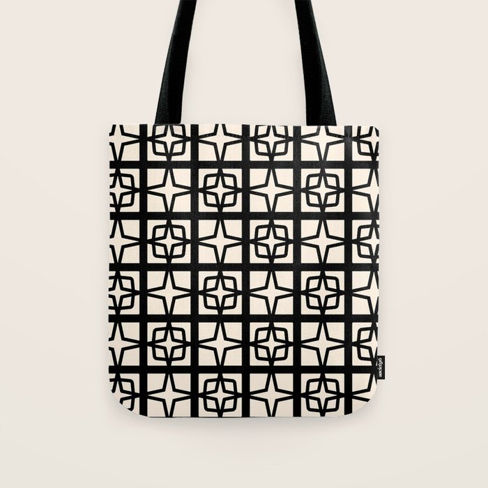 Mid Century Modern Retro Atomic Star Tiles Geometric Pattern Black and Almond Cream Tote Bag Gallery Image 1