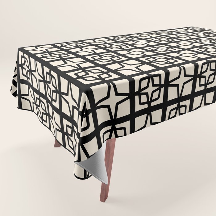 Mid Century Modern Retro Atomic Star Tiles Geometric Pattern Black and Almond Cream Tablecloth Gallery Image 1