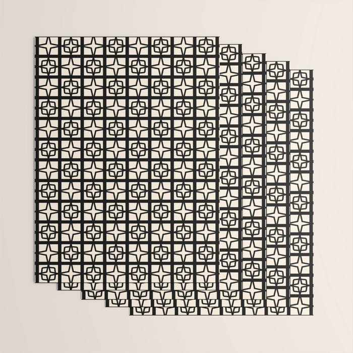 Mid Century Modern Retro Atomic Star Tiles Geometric Pattern Black and Almond Cream Wrapping Paper Gallery Image 3