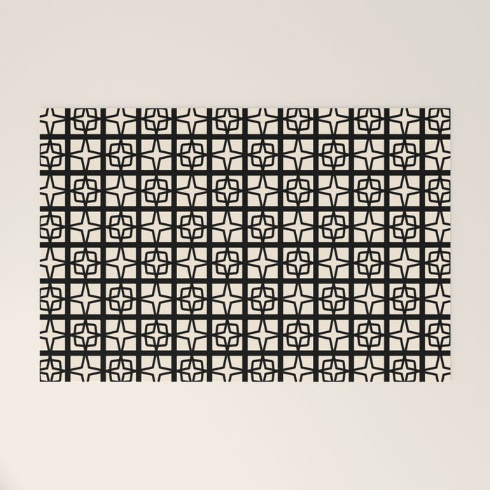 Mid Century Modern Retro Atomic Star Tiles Geometric Pattern Black and Almond Cream Welcome Mat Gallery Image 1