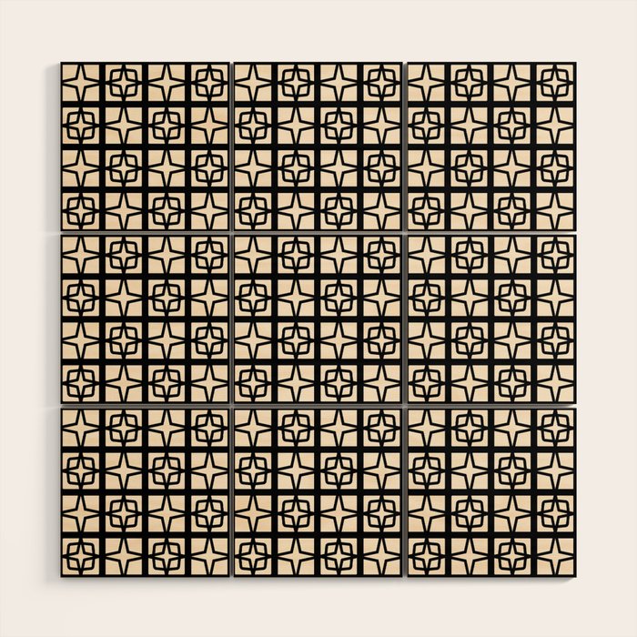 Mid Century Modern Retro Atomic Star Tiles Geometric Pattern Black and Almond Cream Wood Wall Art Gallery Image 1