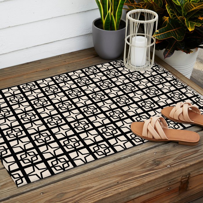 Mid Century Modern Retro Atomic Star Tiles Geometric Pattern Black and Almond Cream Outdoor Rug Gallery Image 2