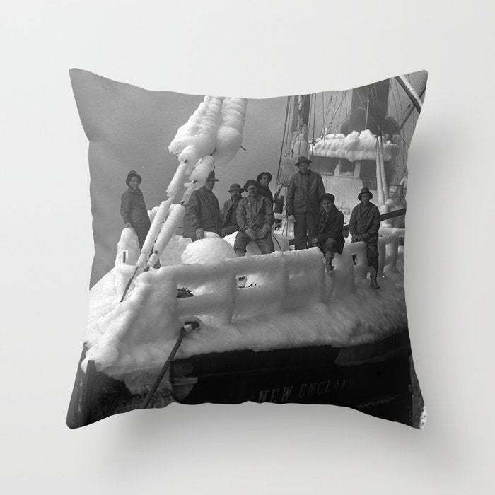 The fishing boat "New England" frozen in ice, winter, British Columbia, 1916 black and white vintage photograph by Leonard Frank Throw Pillow Gallery Image 6