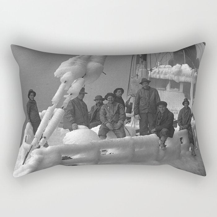 The fishing boat "New England" frozen in ice, winter, British Columbia, 1916 black and white vintage photograph by Leonard Frank Rectangular Pillow Gallery Image 2