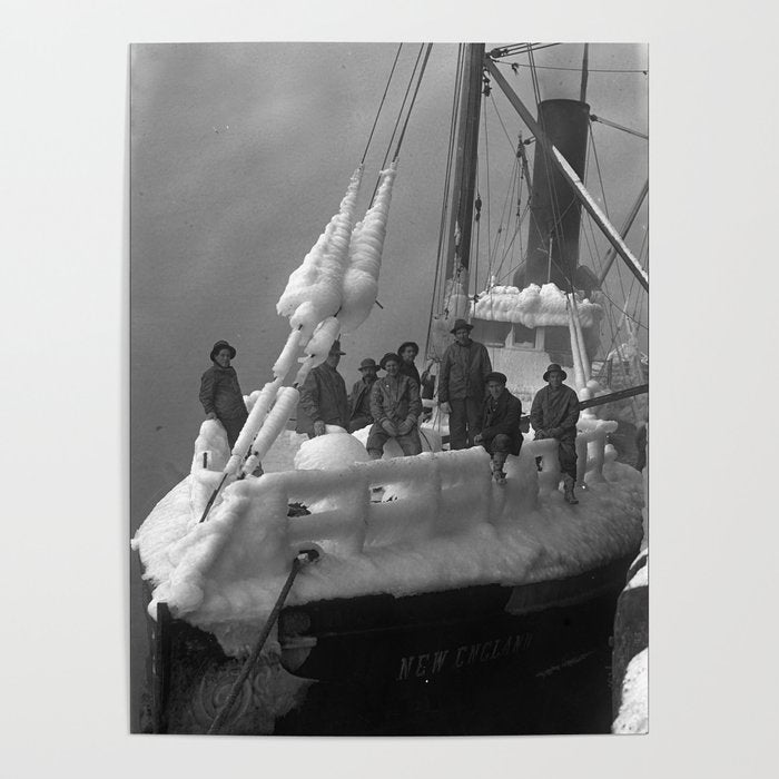 The fishing boat "New England" frozen in ice, winter, British Columbia, 1916 black and white vintage photograph by Leonard Frank Poster Gallery Image 1