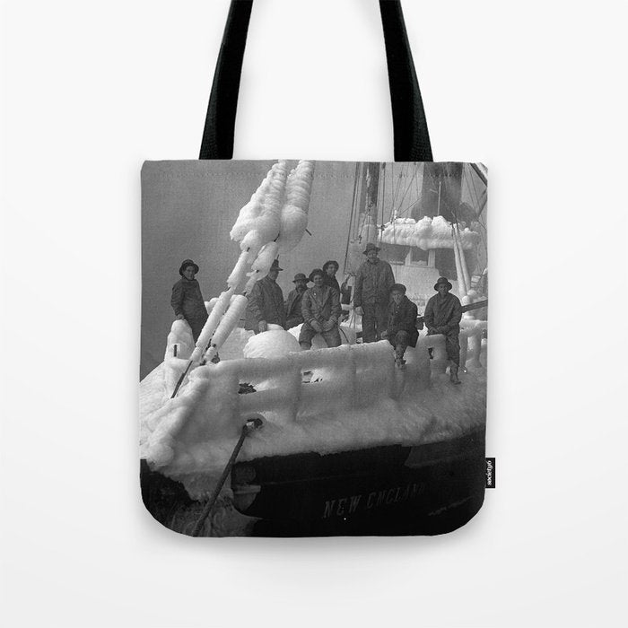 The fishing boat "New England" frozen in ice, winter, British Columbia, 1916 black and white vintage photograph by Leonard Frank Tote Bag Gallery Image 1