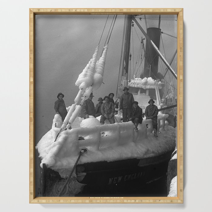 The fishing boat "New England" frozen in ice, winter, British Columbia, 1916 black and white vintage photograph by Leonard Frank Serving Tray Gallery Image 1