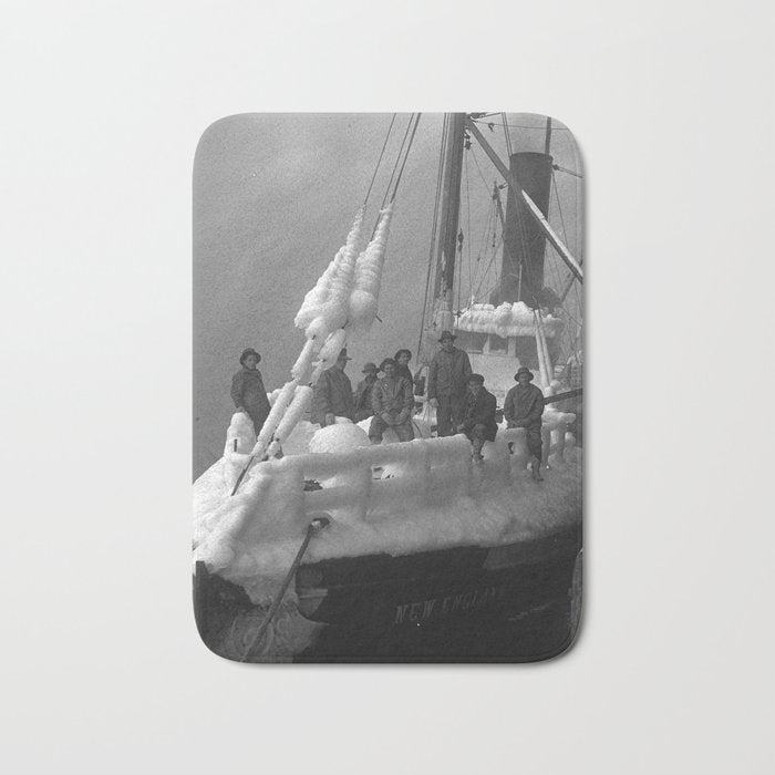 The fishing boat "New England" frozen in ice, winter, British Columbia, 1916 black and white vintage photograph by Leonard Frank Bath Mat Gallery Image 1