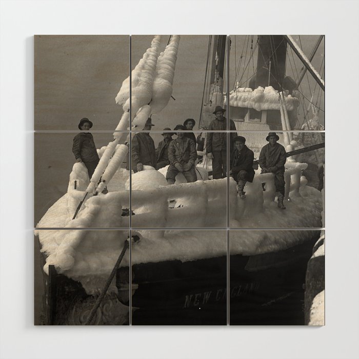 The fishing boat "New England" frozen in ice, winter, British Columbia, 1916 black and white vintage photograph by Leonard Frank Wood Wall Art Gallery Image 1