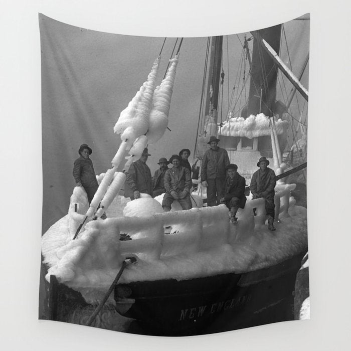 The fishing boat "New England" frozen in ice, winter, British Columbia, 1916 black and white vintage photograph by Leonard Frank Wall Tapestry Gallery Image 4