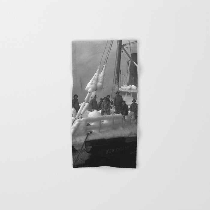 The fishing boat "New England" frozen in ice, winter, British Columbia, 1916 black and white vintage photograph by Leonard Frank Bath Towel Gallery Image 1