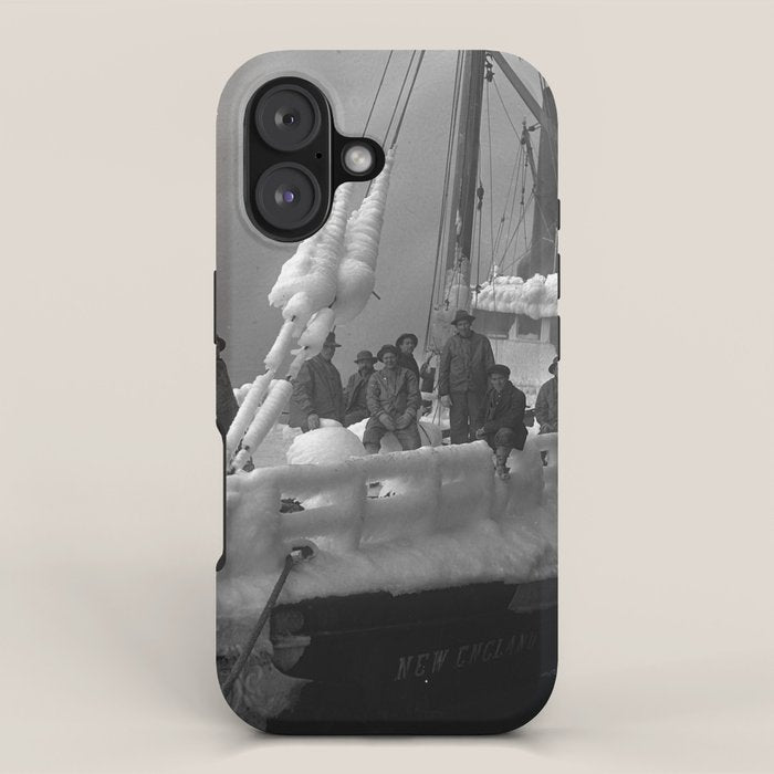 The fishing boat "New England" frozen in ice, winter, British Columbia, 1916 black and white vintage photograph by Leonard Frank iPhone Case Gallery Image 1