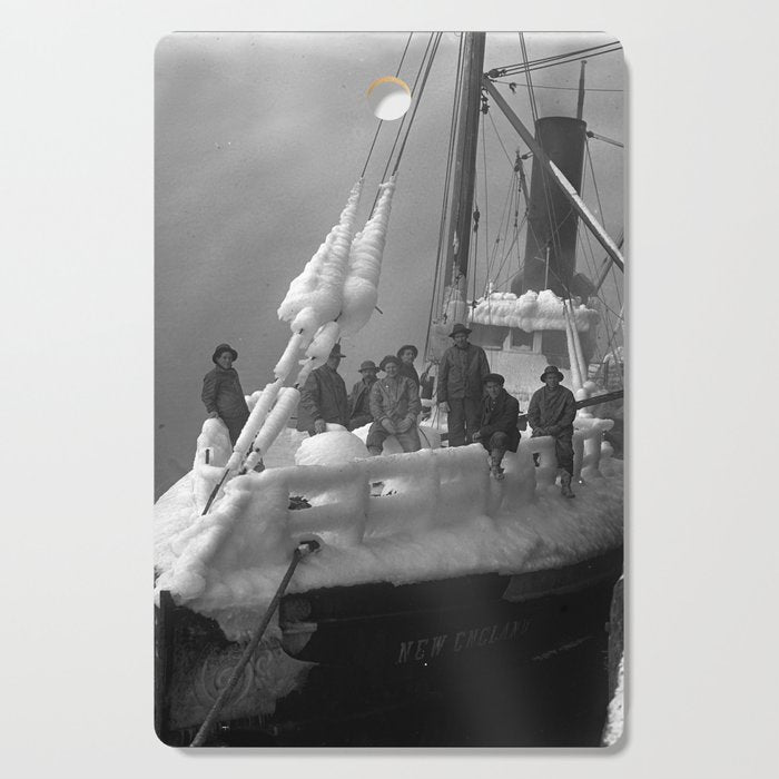 The fishing boat "New England" frozen in ice, winter, British Columbia, 1916 black and white vintage photograph by Leonard Frank Cutting Board Gallery Image 1