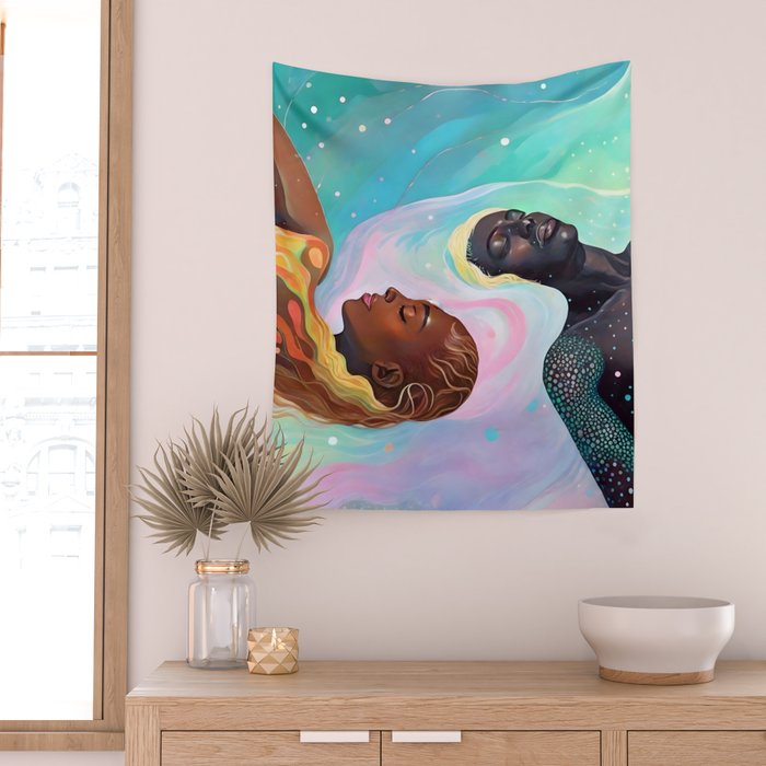 Suspended, Abstract Black People Love Couple, Human Humanity Emotions Feelings, Expression Eclectic Painting Space Wall Tapestry Gallery Image 2