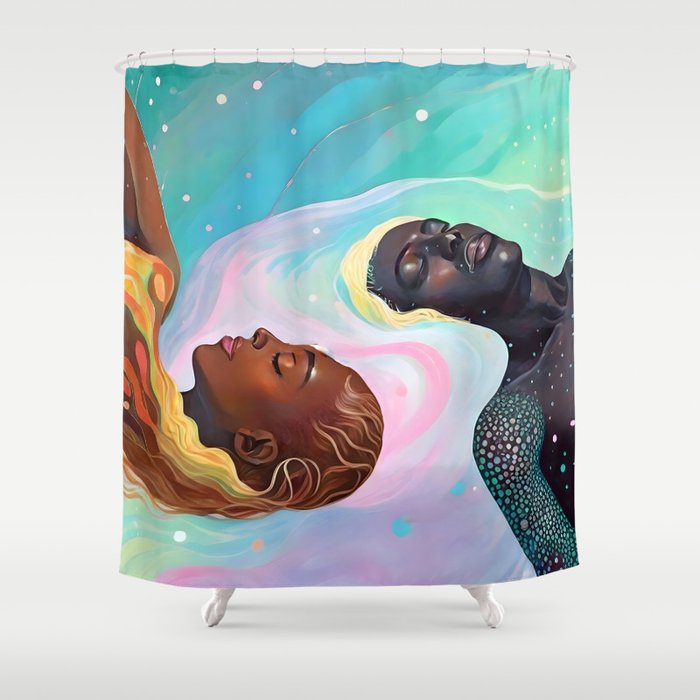 Suspended, Abstract Black People Love Couple, Human Humanity Emotions Feelings, Expression Eclectic Painting Space Shower Curtain Gallery Image 1
