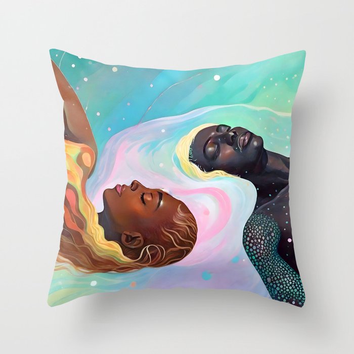 Suspended, Abstract Black People Love Couple, Human Humanity Emotions Feelings, Expression Eclectic Painting Space Throw Pillow Gallery Image 6