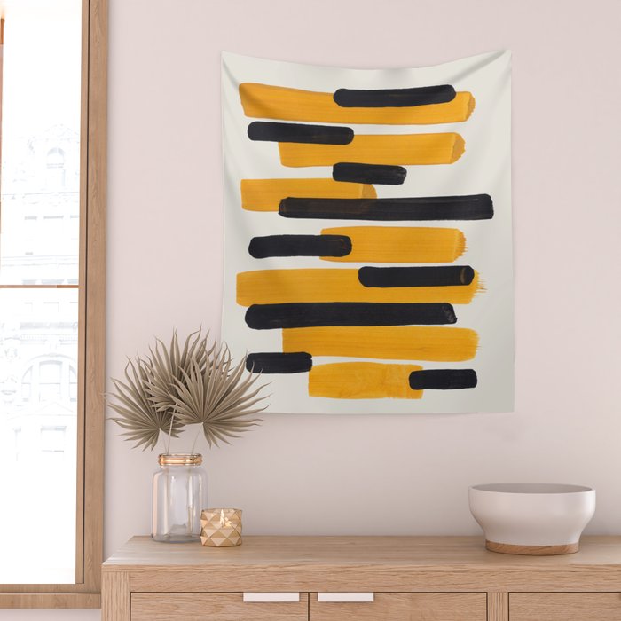 Mid Century Modern Abstract Painting Antique Yellow Black Bumble Bee Stripes Wall Tapestry Gallery Image 2