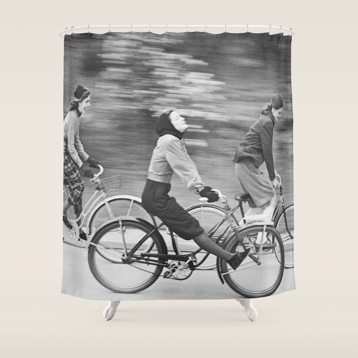 Women Riding Bicycles black and white photography / black and white photographs Shower Curtain Gallery Image 1