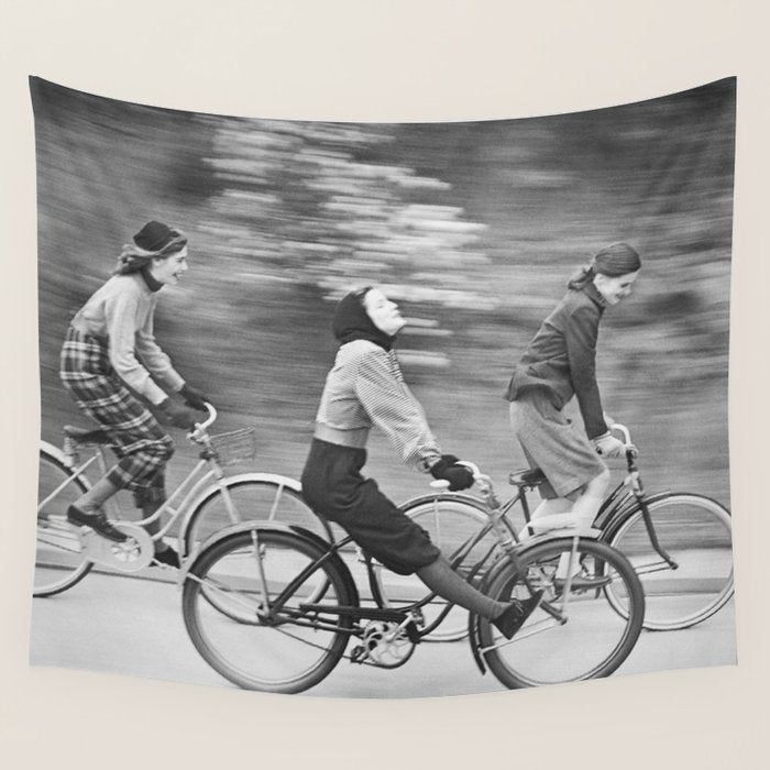 Women Riding Bicycles black and white photography / black and white photographs Wall Tapestry Gallery Image 1