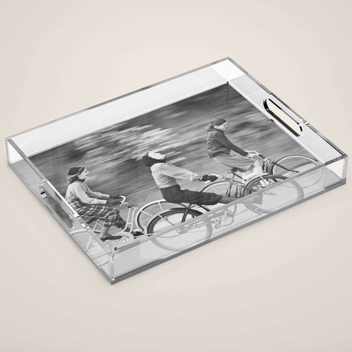 Women Riding Bicycles black and white photography / black and white photographs Acrylic Tray Gallery Image 1