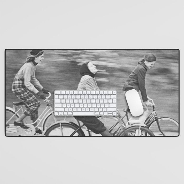 Women Riding Bicycles black and white photography / black and white photographs Desk Mat Gallery Image 1