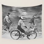 Women Riding Bicycles black and white photography / black and white photographs Wall Tapestry Gallery Image 4