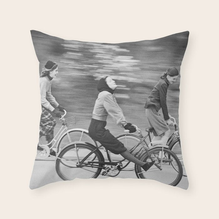 Women Riding Bicycles black and white photography / black and white photographs Throw Pillow Gallery Image 6