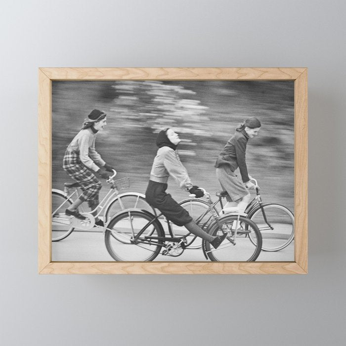 Women Riding Bicycles black and white photography / black and white photographs Mini Art Print Gallery Image 1