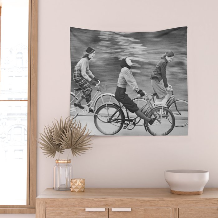 Women Riding Bicycles black and white photography / black and white photographs Wall Tapestry Gallery Image 2