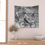 Women Riding Bicycles black and white photography / black and white photographs Wall Tapestry Gallery Image 2