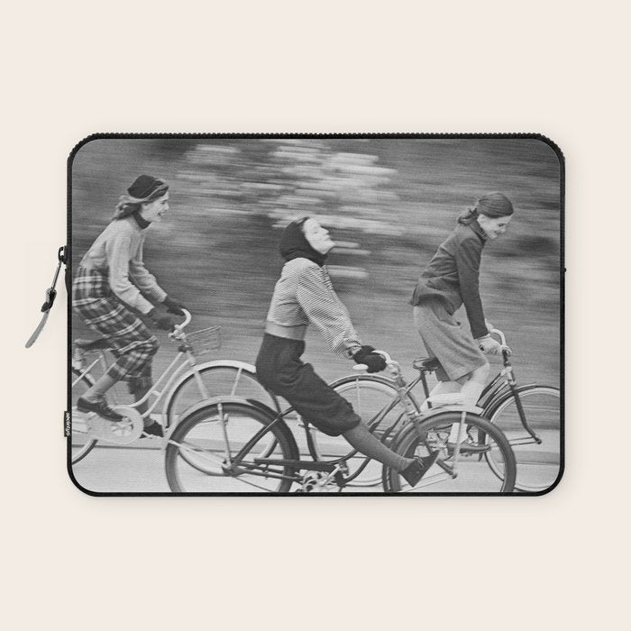 Women Riding Bicycles black and white photography / black and white photographs Laptop Sleeve Gallery Image 1