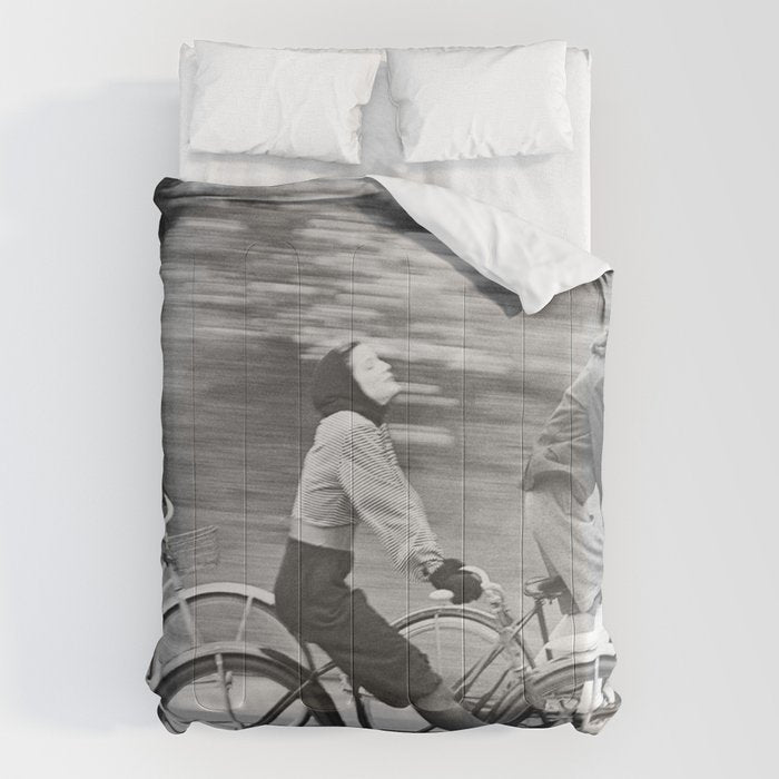 Women Riding Bicycles black and white photography / black and white photographs Comforter Gallery Image 1