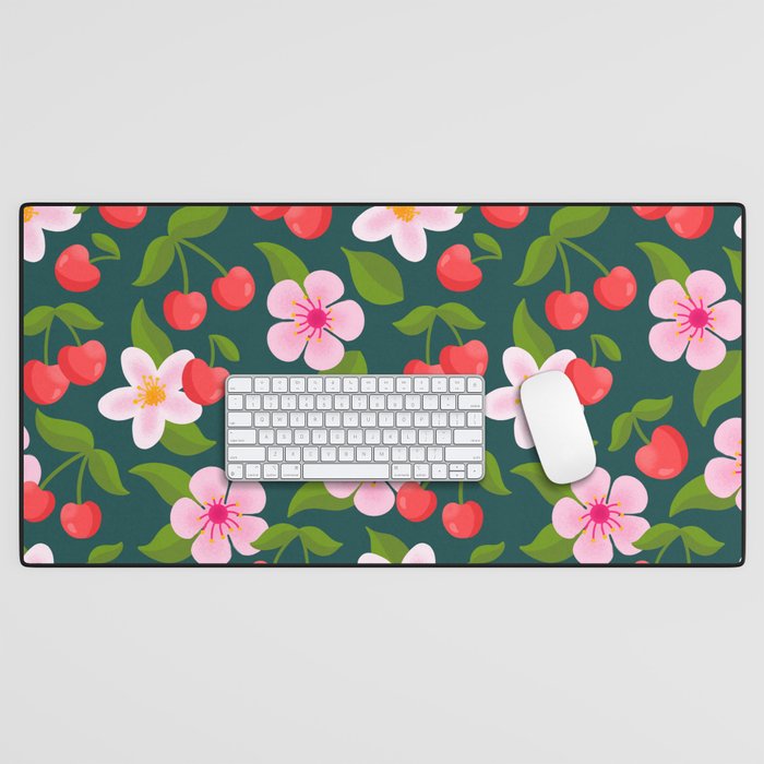 Cherry Pattern on Dark Teal Desk Mat Gallery Image 1