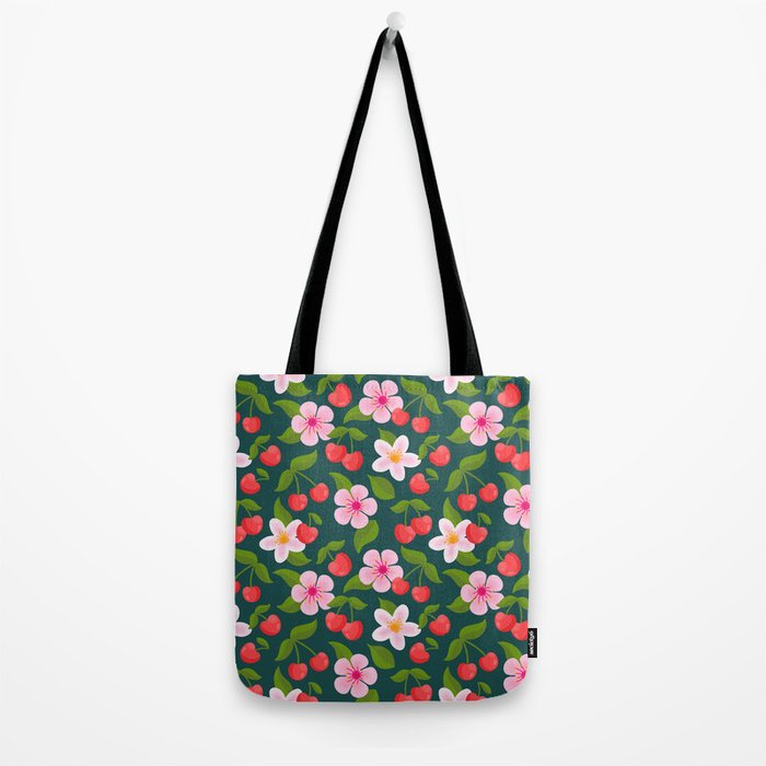 Cherry Pattern on Dark Teal Tote Bag Gallery Image 2